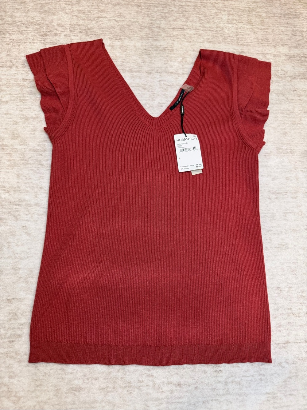 Tahari ASL Red Ribbed Knit Top Size L | Sleeveless V-Neck | Minimalist